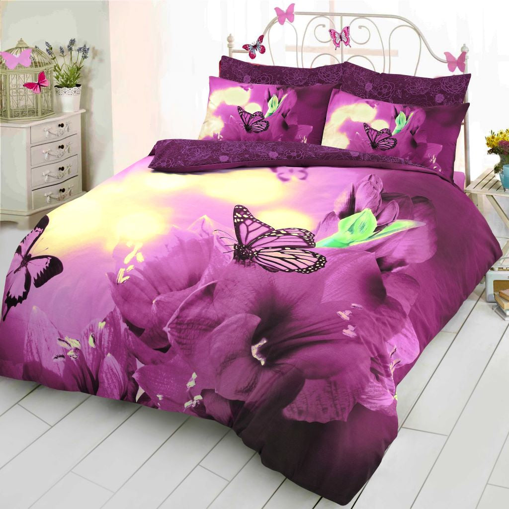 butterfly 3D Panel printed duvet set plum