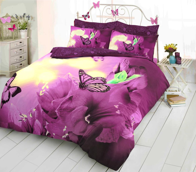 butterfly 3D Panel printed duvet set plum