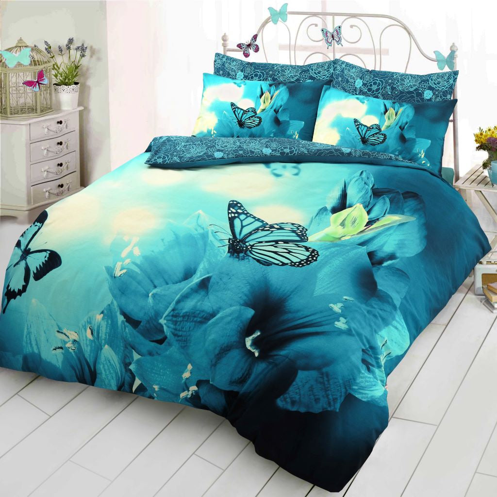 butterfly 3D Panel printed duvet set teal