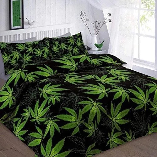 Cannabis printed duvet cover set black green 