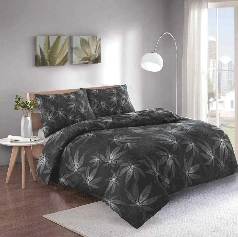 Cannabis printed duvet cover set black grey