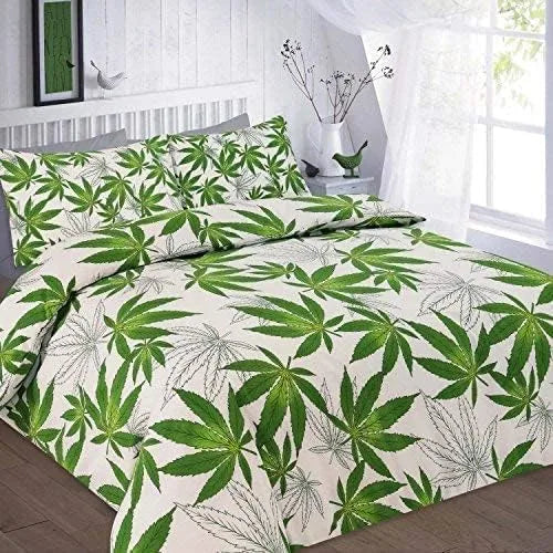 Cannabis printed duvet cover set white green