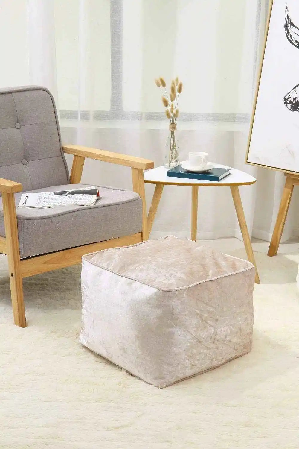 cream crushed velvet beans bag