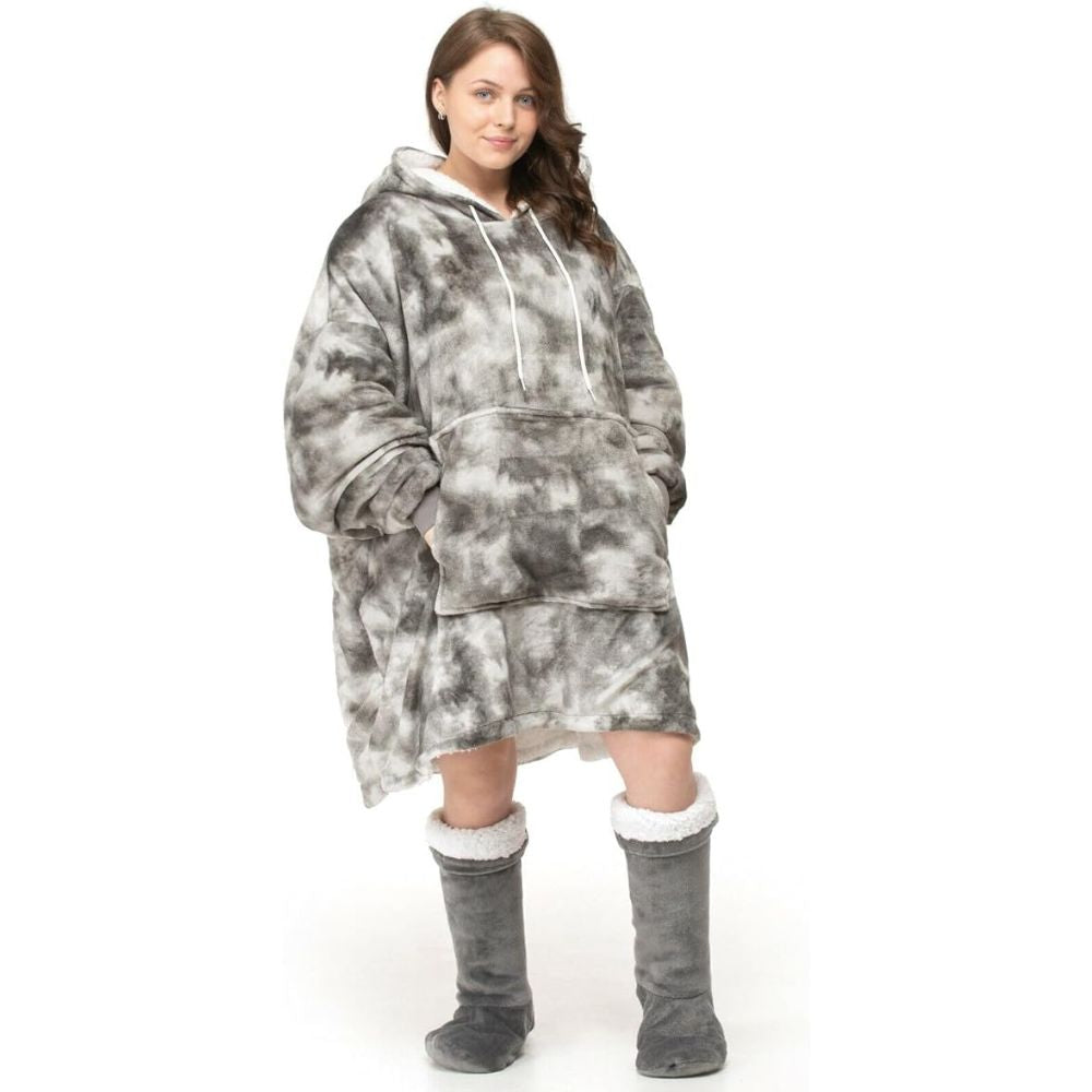 Tie Dye Grey Sherpa Fleece Oversized Blanket Hoodie