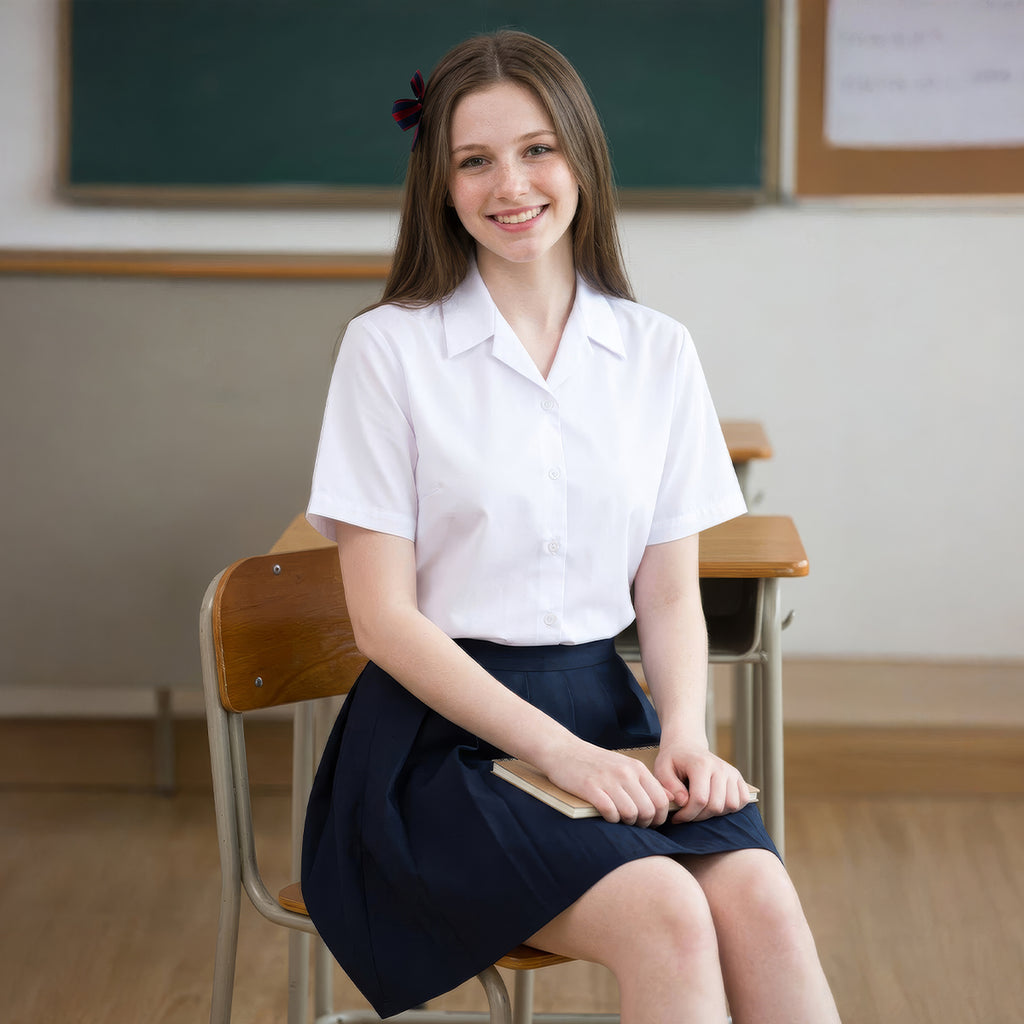 Girls White School Blouse Short Sleeve Open Neck