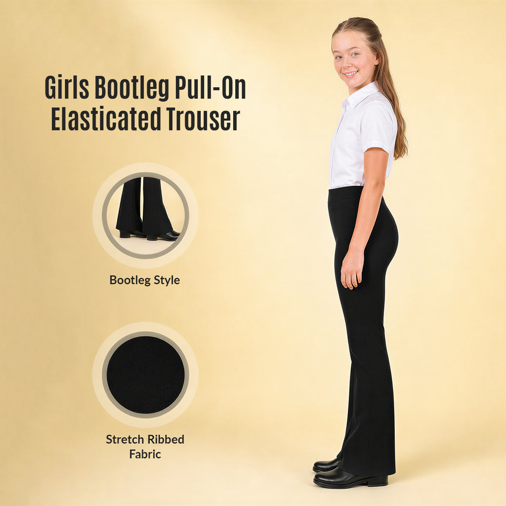 Pack of 2 Black Bootleg Pull-On School Trousers – Stretch Ribbed Fabric, Elasticated Waist