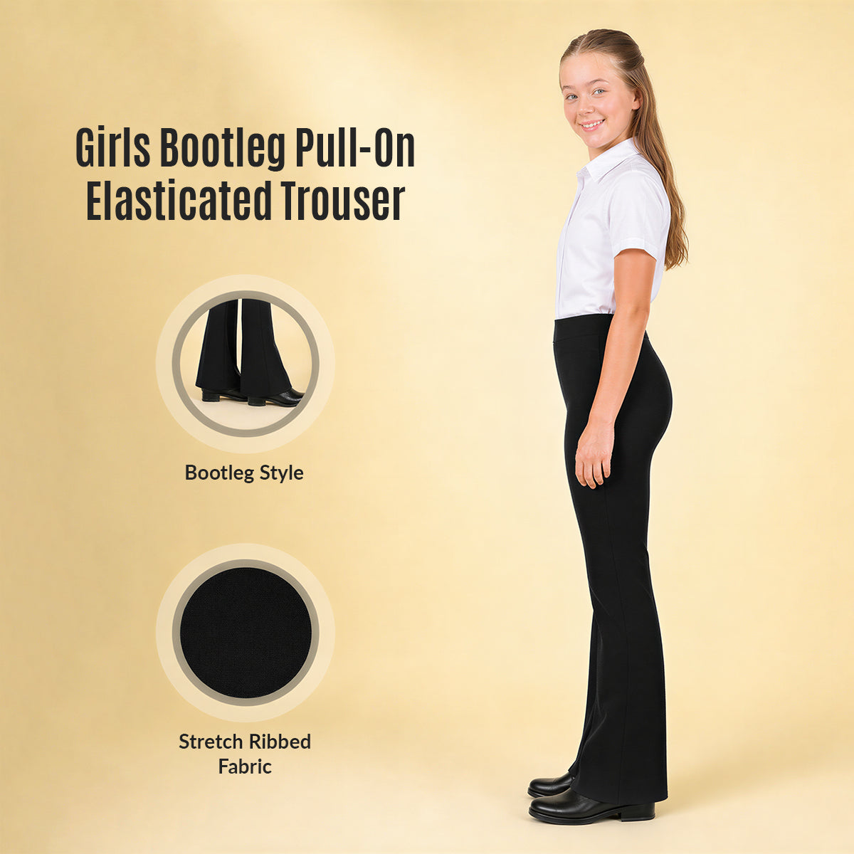 Pack of 2 Black Bootleg Pull-On School Trousers – Stretch Ribbed Fabric, Elasticated Waist