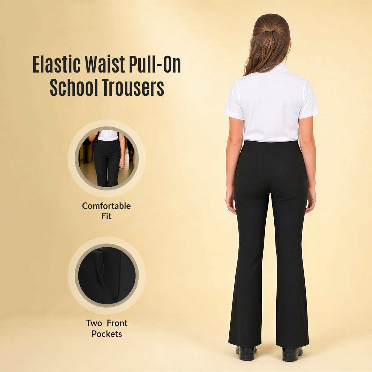 Pack of 2 Black Bootleg Pull-On School Trousers – Stretch Ribbed Fabric, Elasticated Waist