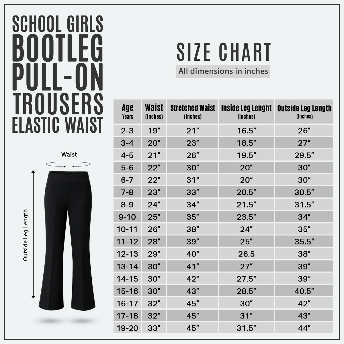 Pack of 2 Black Bootleg Pull-On School Trousers – Stretch Ribbed Fabric, Elasticated Waist
