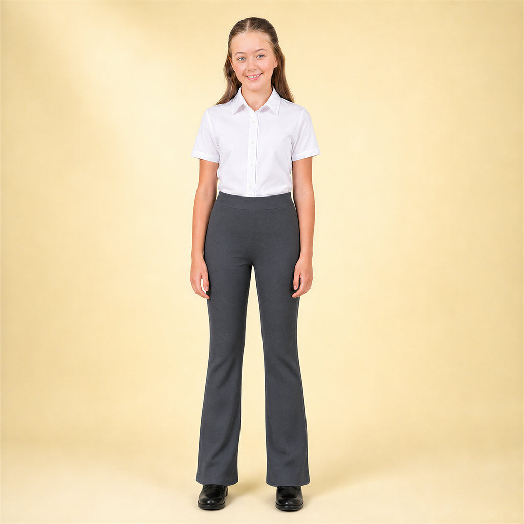 Grey Bootleg Pull-On School Trouser – Stretch Ribbed Fabric, Elasticated Waist