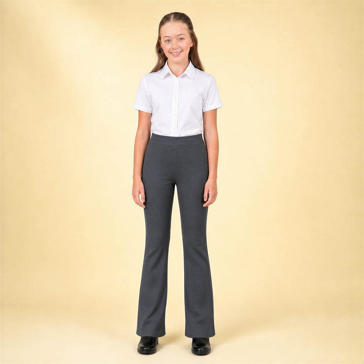Grey Bootleg Pull-On School Trouser – Stretch Ribbed Fabric, Elasticated Waist