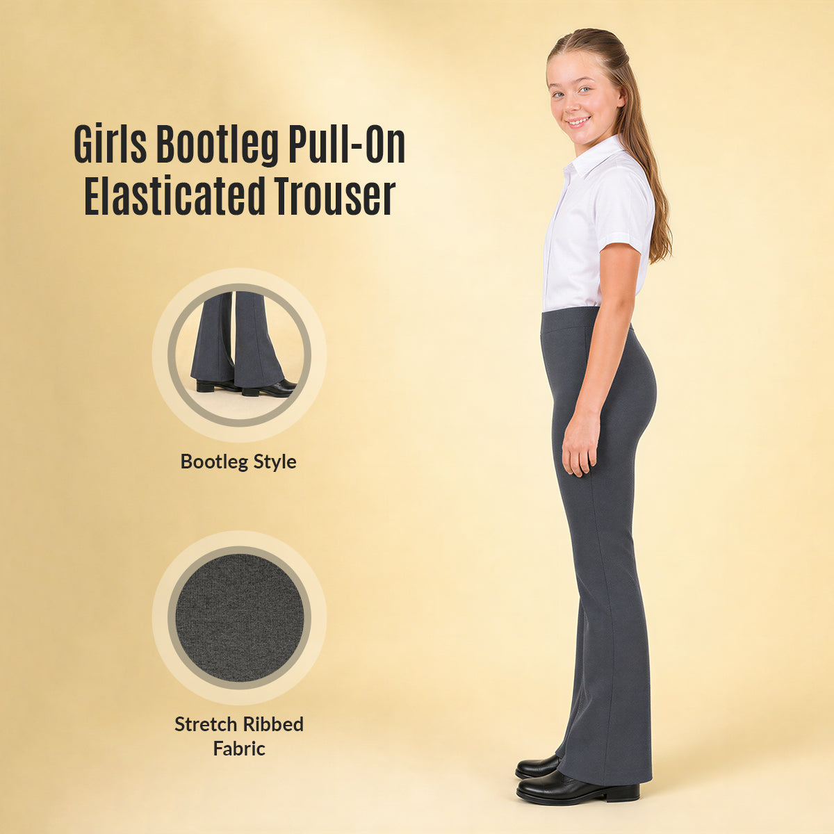 Pack of 2 Grey Bootleg Pull-On School Trousers – Stretch Ribbed Fabric, Elasticated Waist