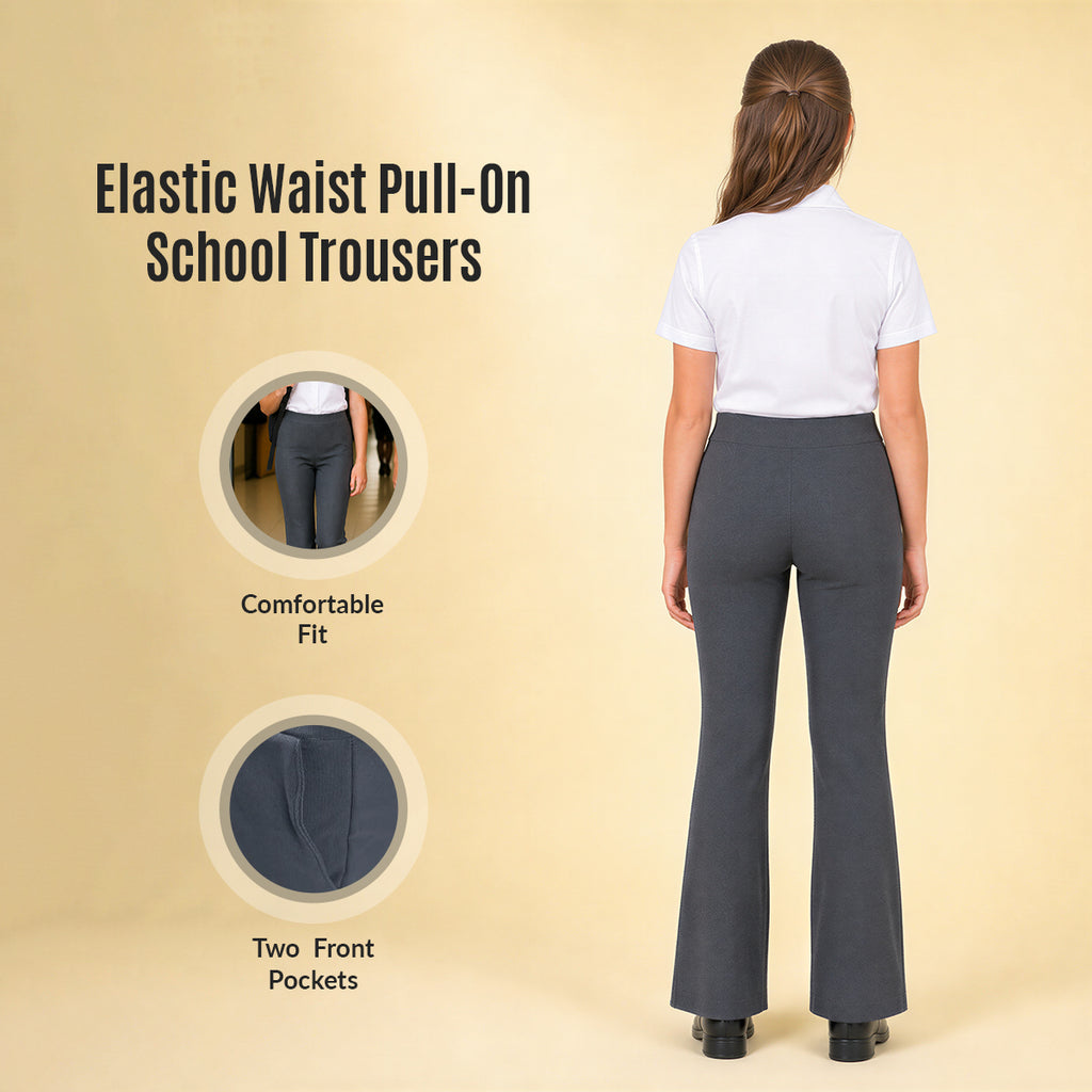 Pack of 2 Grey Bootleg Pull-On School Trousers – Stretch Ribbed Fabric, Elasticated Waist
