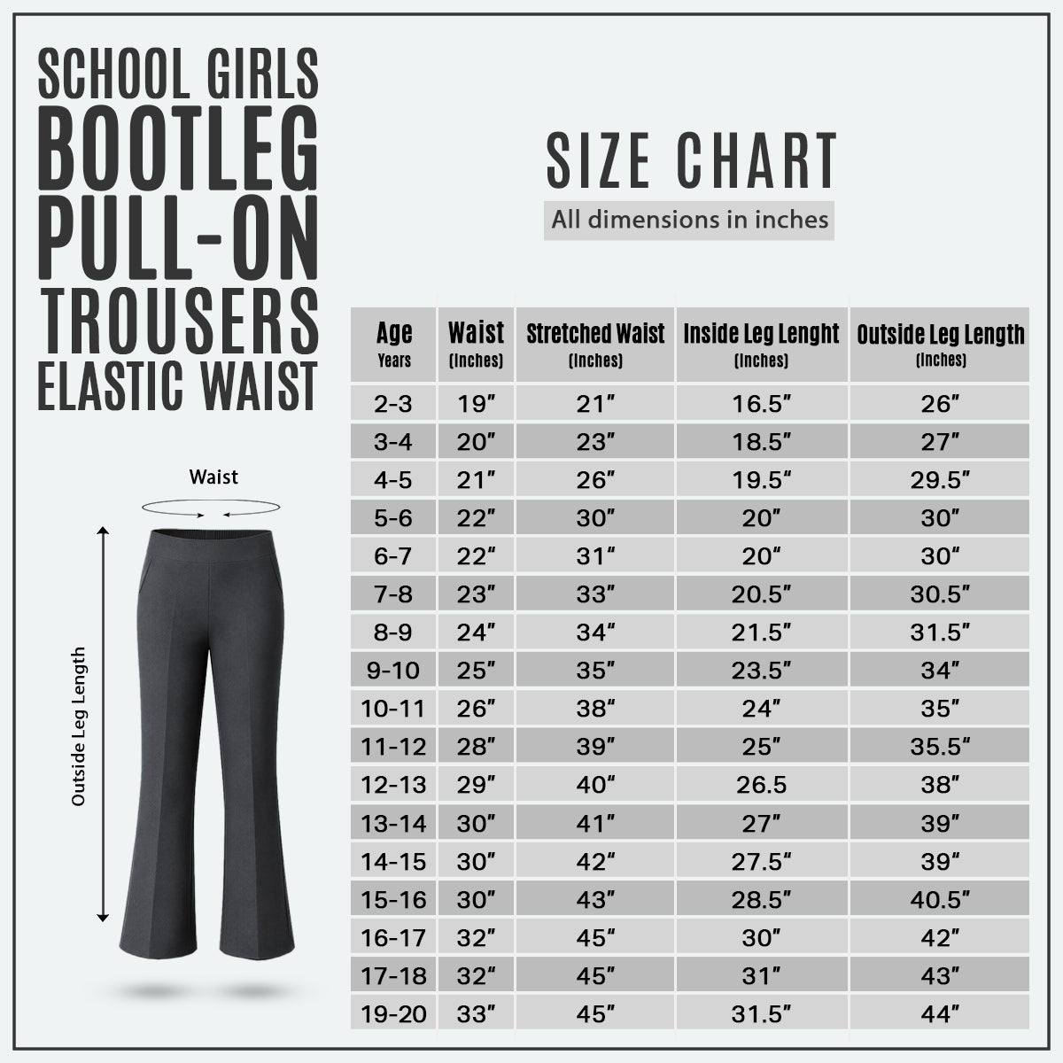 Pack of 2 Grey Bootleg Pull-On School Trousers – Stretch Ribbed Fabric, Elasticated Waist