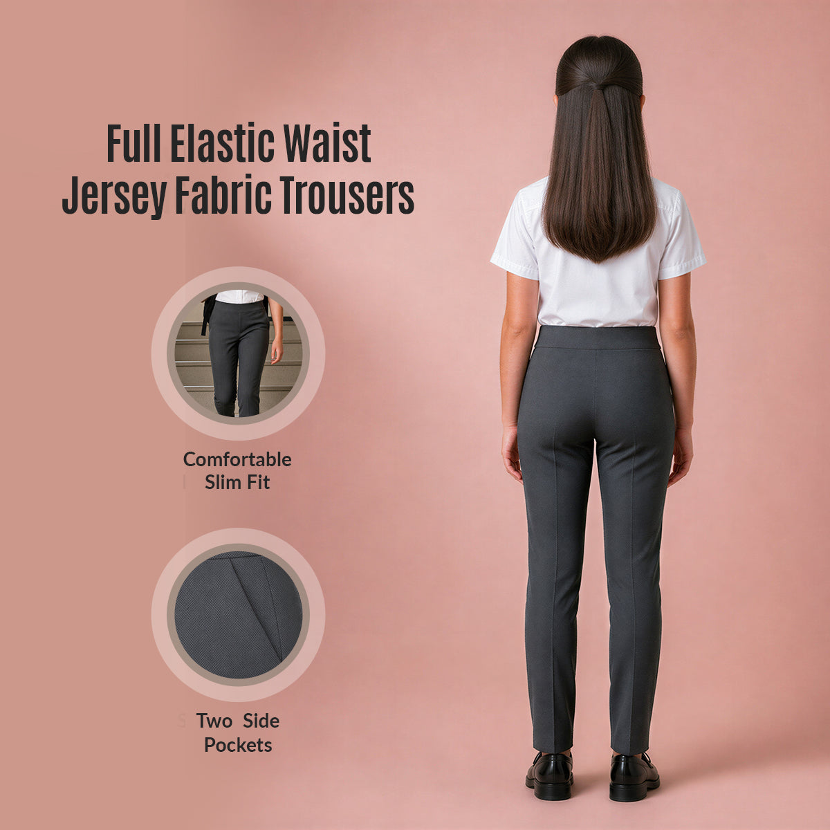 Pack of 2 Grey Jersey Pull-On School Trousers – Full Elasticated Waist