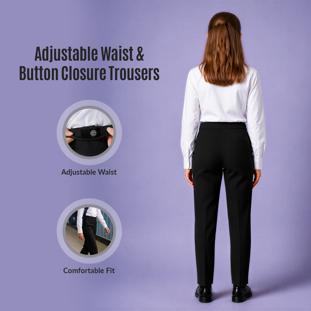 Pack of 2 Black School Uniform Trousers – Adjustable Waist, Regular Fit