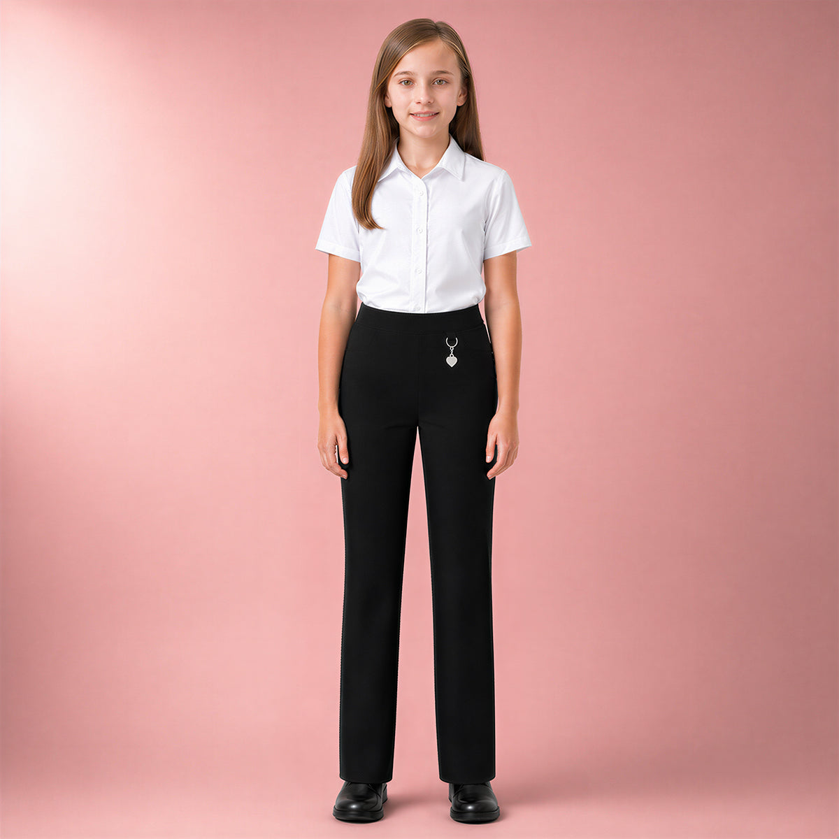Black Pull-On School Trousers – Half Elasticated Waist with Heart Pendant