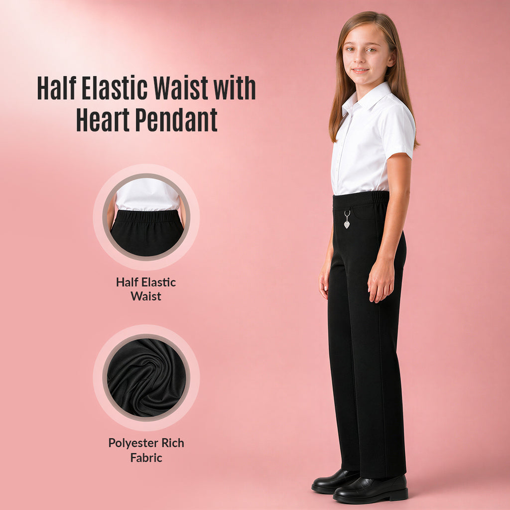 Black Pull-On School Trousers – Half Elasticated Waist with Heart Pendant