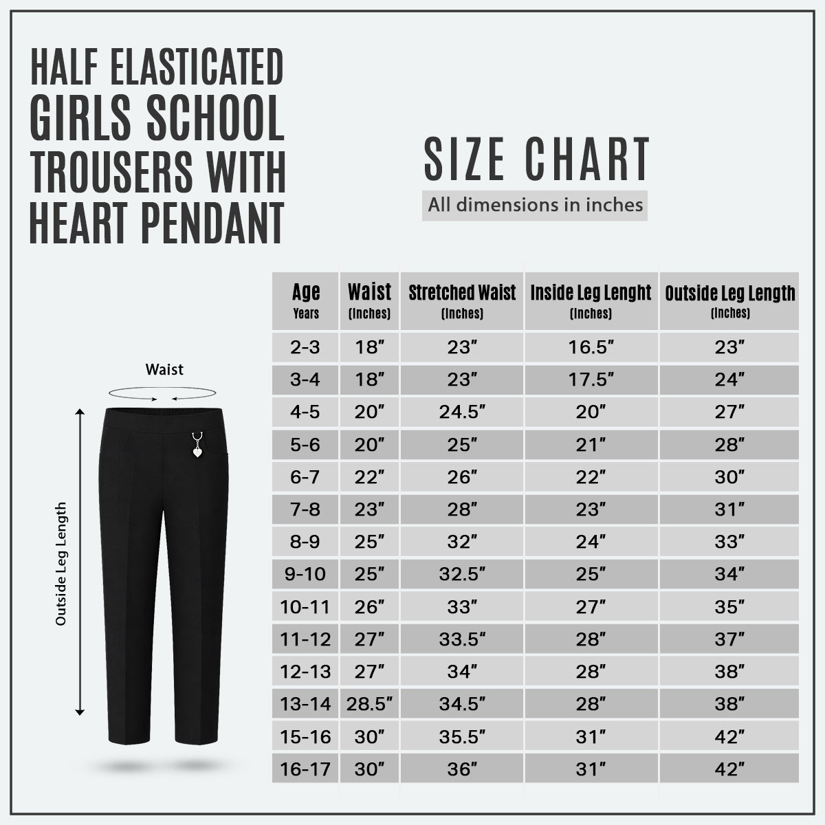 Black Pull-On School Trousers – Half Elasticated Waist with Heart Pendant