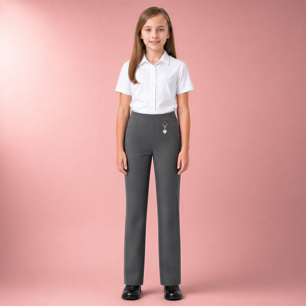 Pack of 2 Grey Pull-On School Trousers – Half Elasticated Waist with Heart Pendant