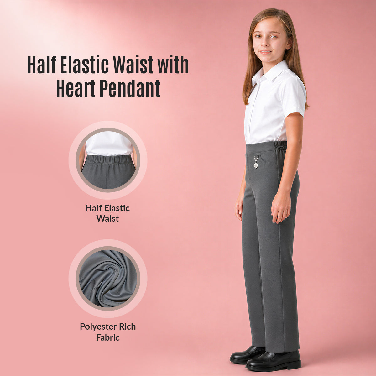 Pack of 2 Grey Pull-On School Trousers – Half Elasticated Waist with Heart Pendant