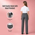Pack of 2 Grey Pull-On School Trousers – Half Elasticated Waist with Heart Pendant