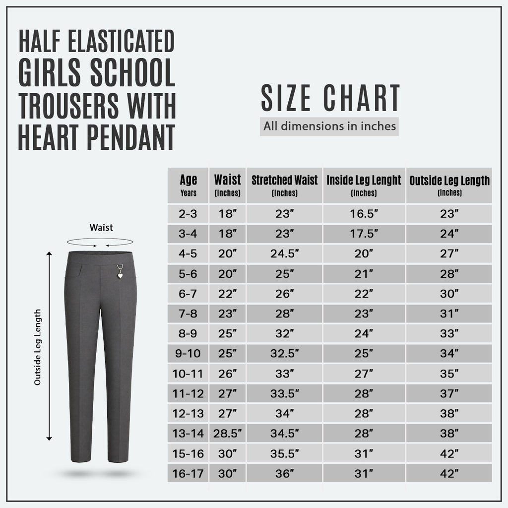 Pack of 2 Grey Pull-On School Trousers – Half Elasticated Waist with Heart Pendant