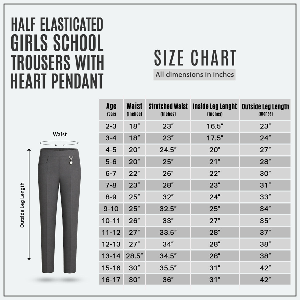 Pack of 2 Grey Pull-On School Trousers – Half Elasticated Waist with Heart Pendant