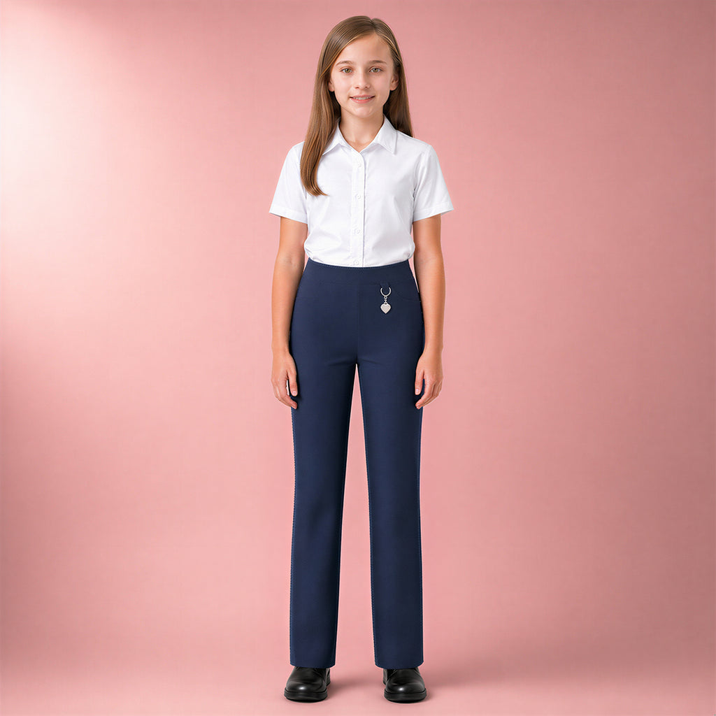 Navy Pull-On School Trousers – Half Elasticated Waist with Heart Pendant