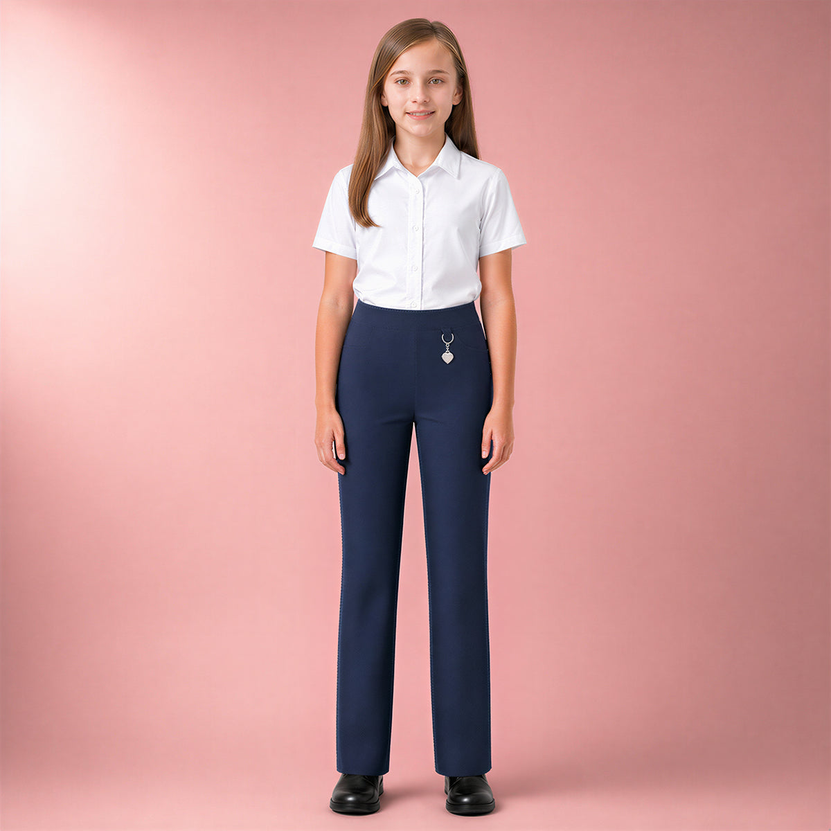 Pack of 2 Navy Pull-On School Trousers – Half Elasticated Waist with Heart Pendant