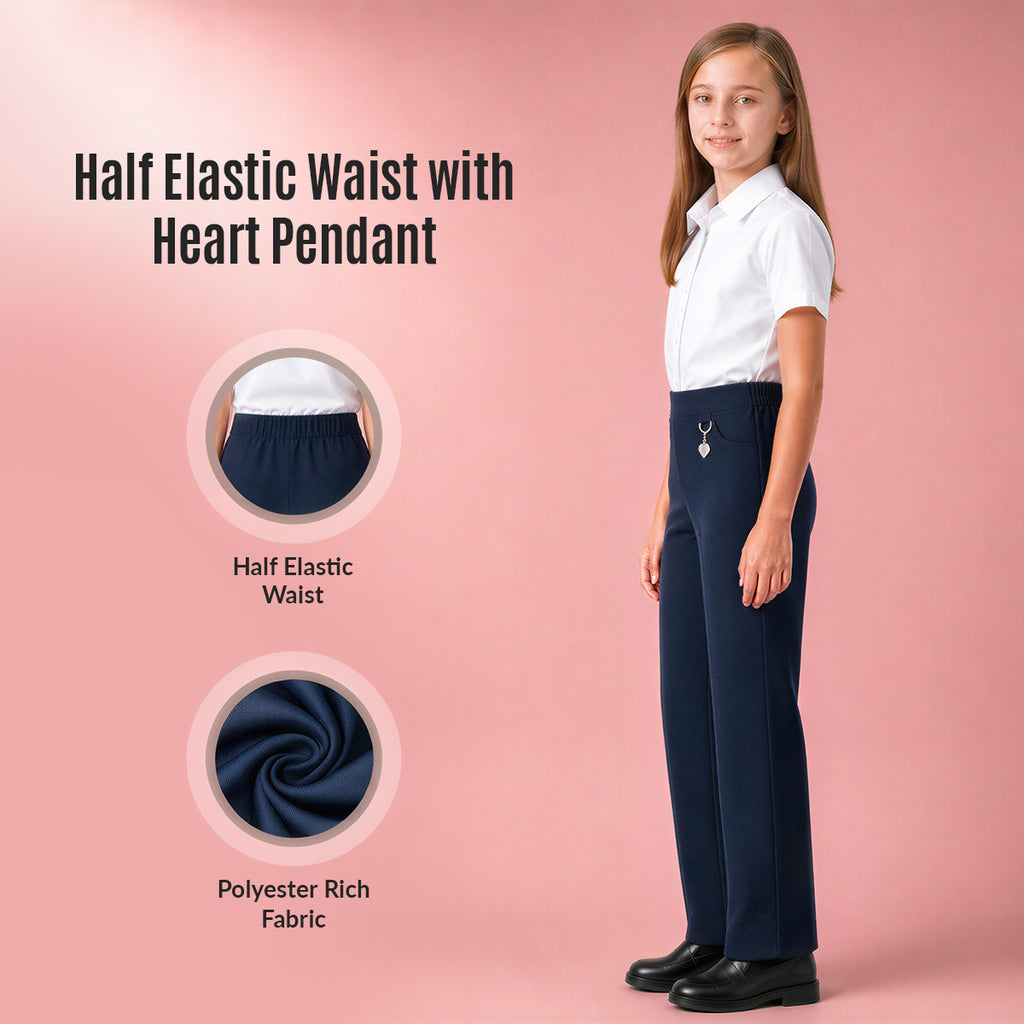 Navy Pull-On School Trousers – Half Elasticated Waist with Heart Pendant