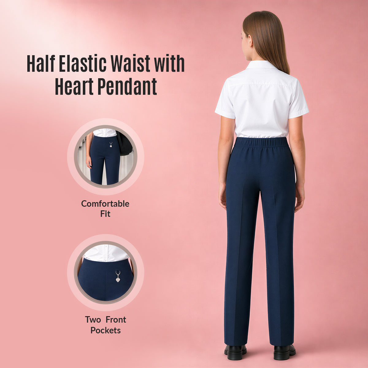 Navy Pull-On School Trousers – Half Elasticated Waist with Heart Pendant