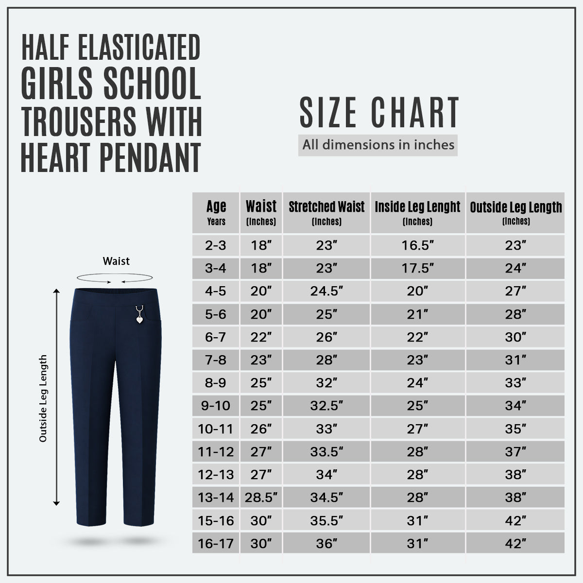 Navy Pull-On School Trousers – Half Elasticated Waist with Heart Pendant