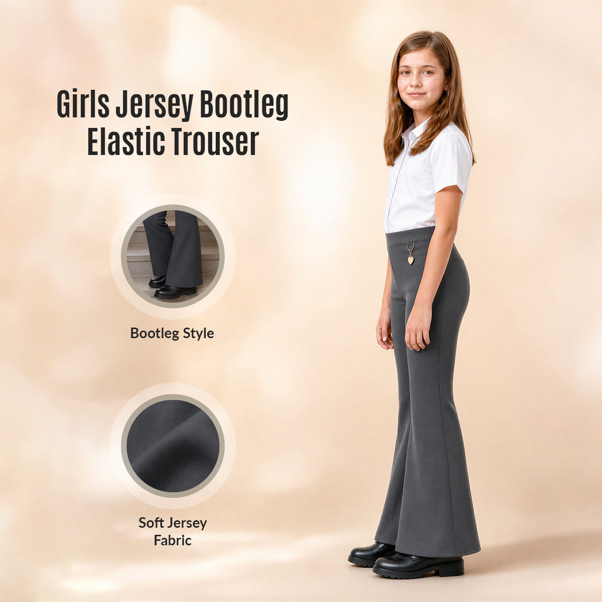 Pack of 2 Grey Pull-On Jersey Bootleg School Trousers – Flared Leg with Heart Pendant