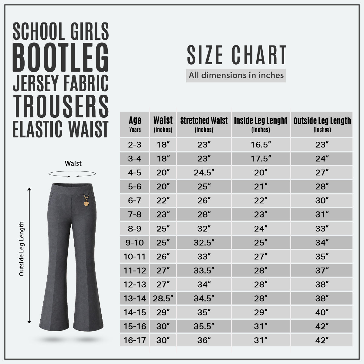 Pack of 2 Grey Pull-On Jersey Bootleg School Trousers – Flared Leg with Heart Pendant