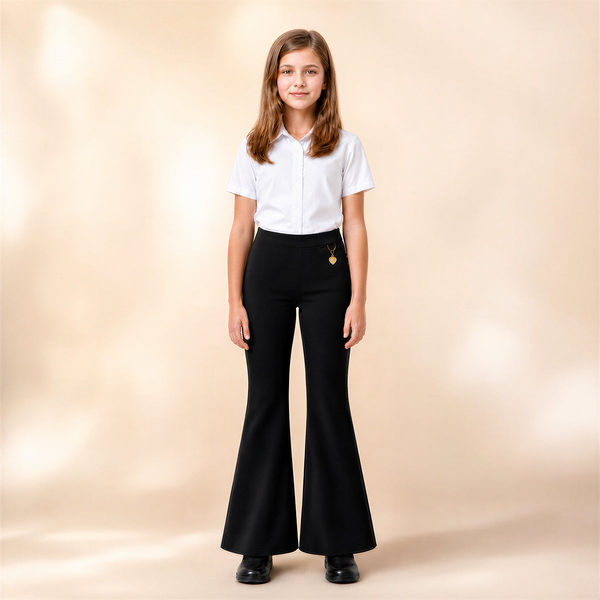 Pack of 2 Black Pull-On Jersey Bootleg School Trousers – Flared Leg with Heart Pendant