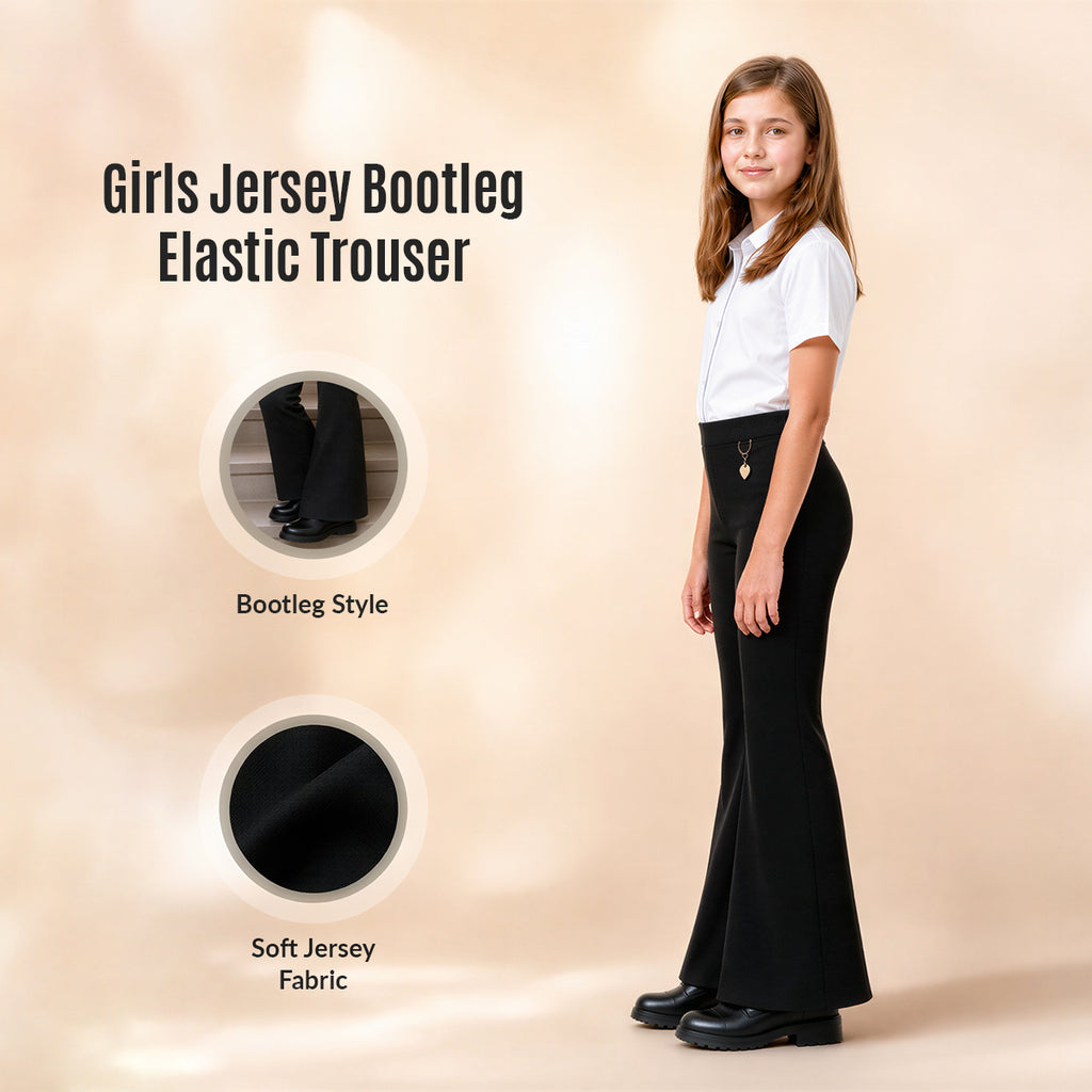 Pack of 2 Black Pull-On Jersey Bootleg School Trousers – Flared Leg with Heart Pendant