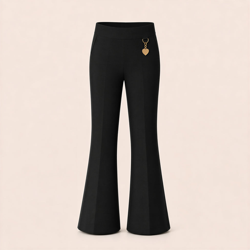 Black Pull-On Jersey Bootleg School Trouser – Flared Leg with Heart Pendant