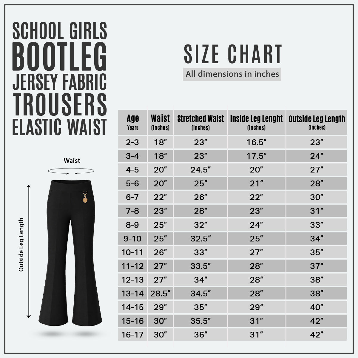 Pack of 2 Black Pull-On Jersey Bootleg School Trousers – Flared Leg with Heart Pendant