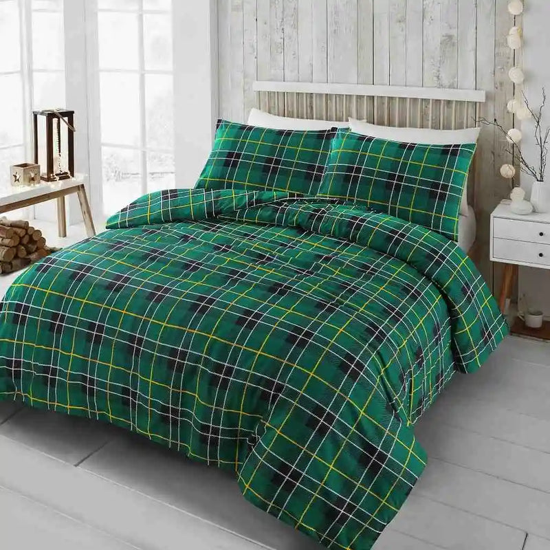 FLannelette tartan check Duvet set green