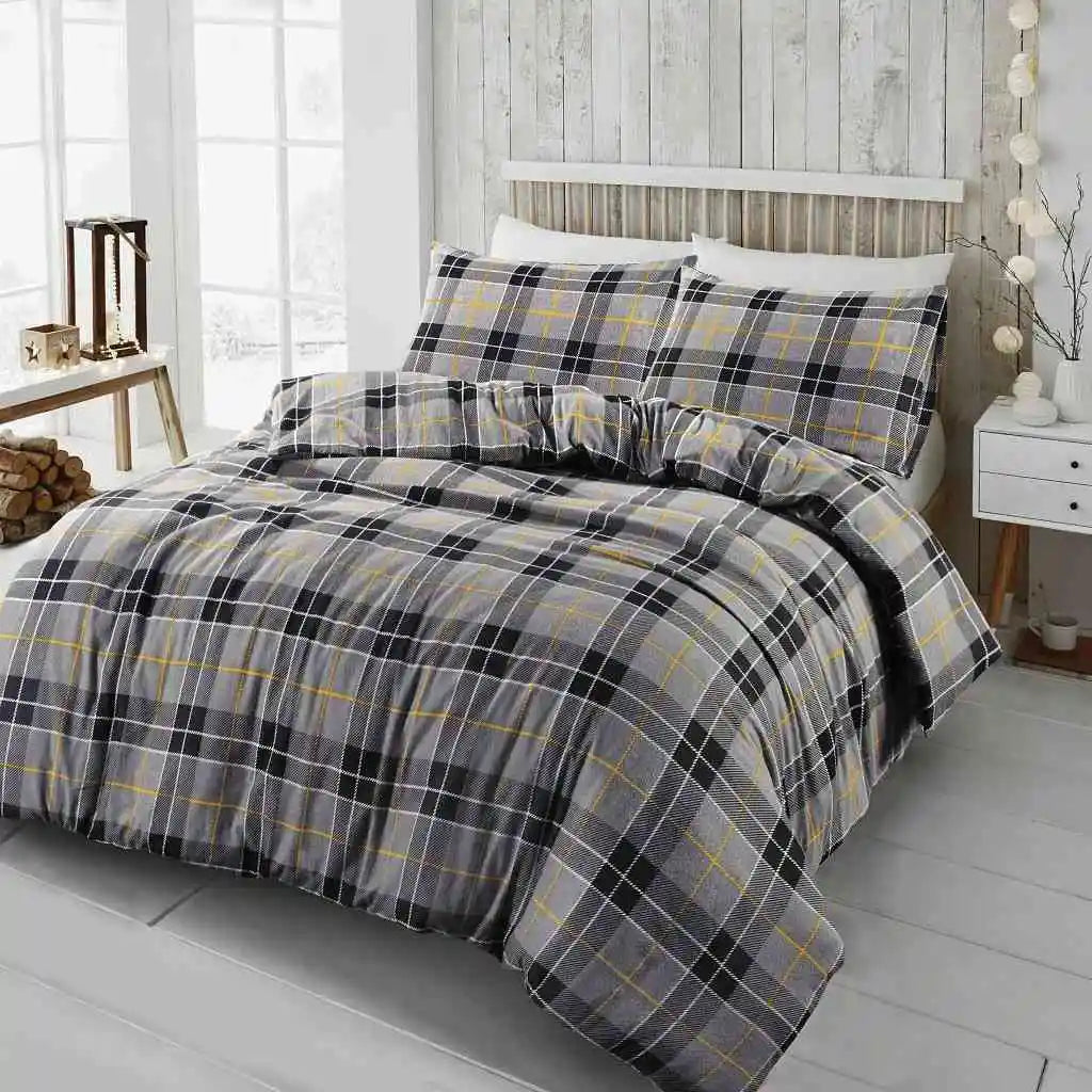 FLannelette tartan check Duvet set grey
