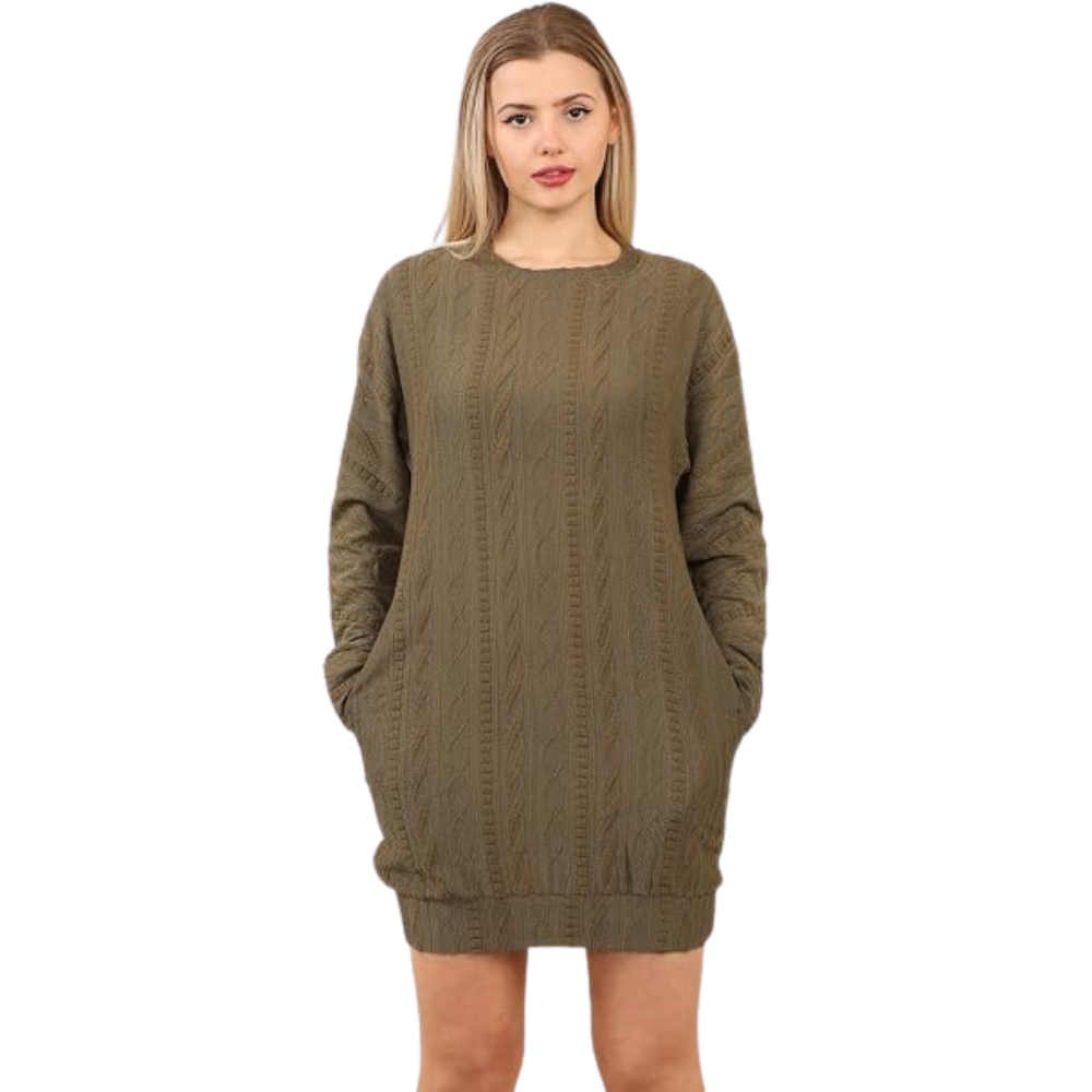 Khaki Cable Knit Jumper Dress