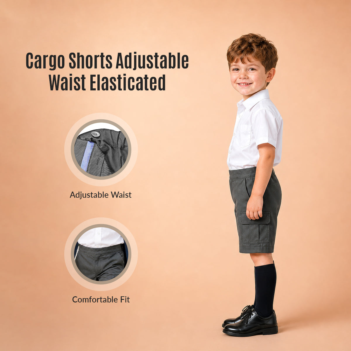 Pack of 2 Grey Adjustable Waist Pull Up Cargo Shorts
