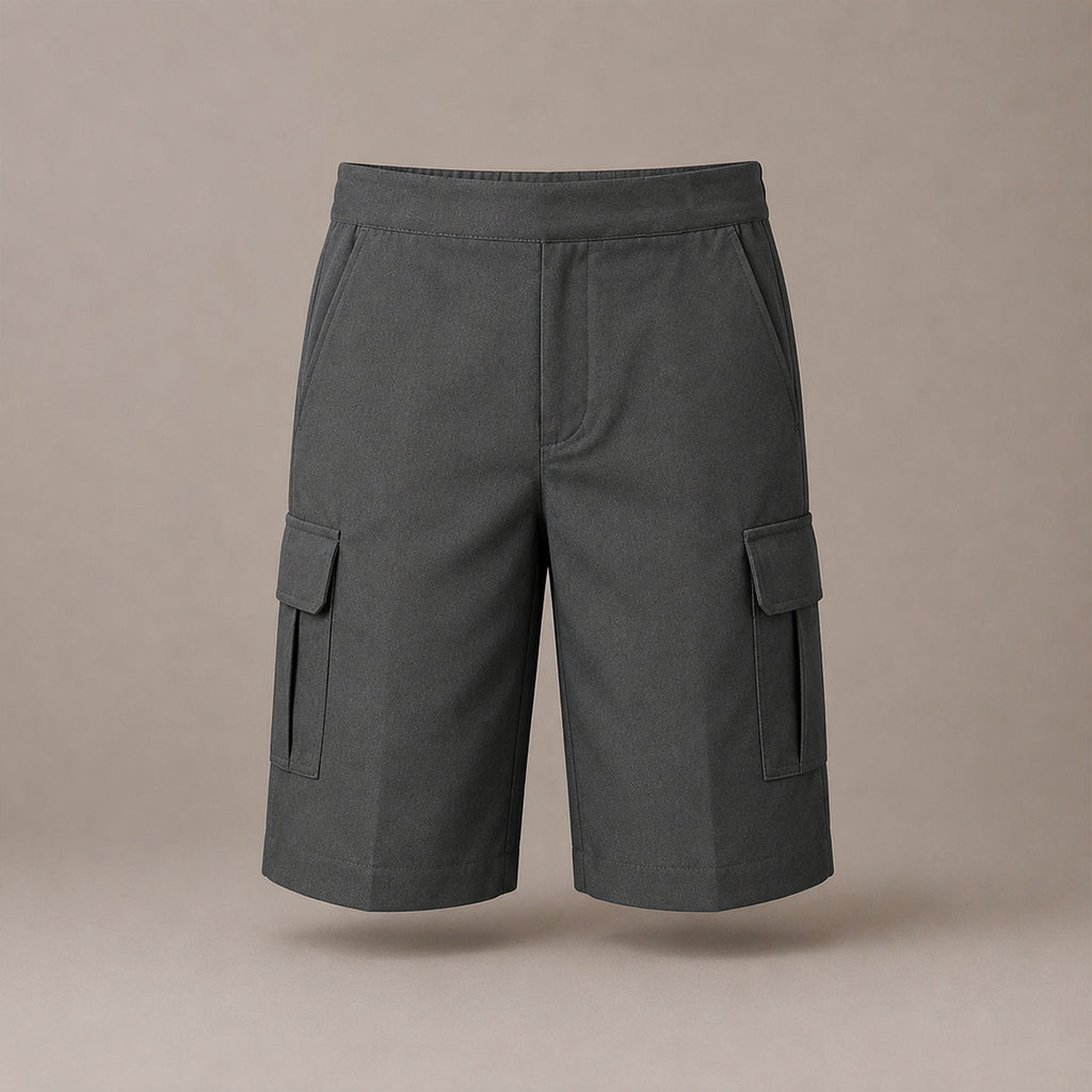 Grey Adjustable Waist Pull Up Cargo School Shorts