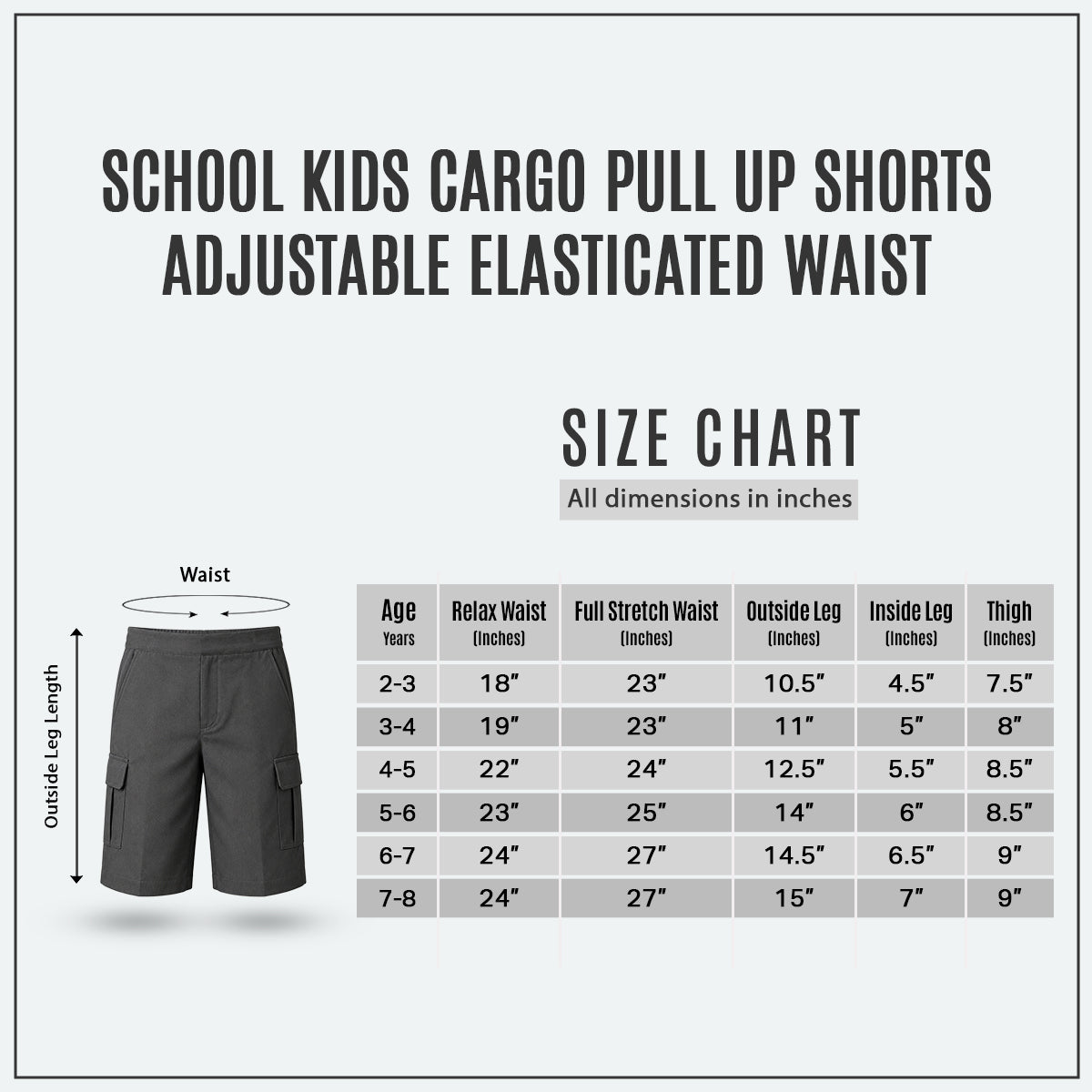 Grey Adjustable Waist Pull Up Cargo School Shorts