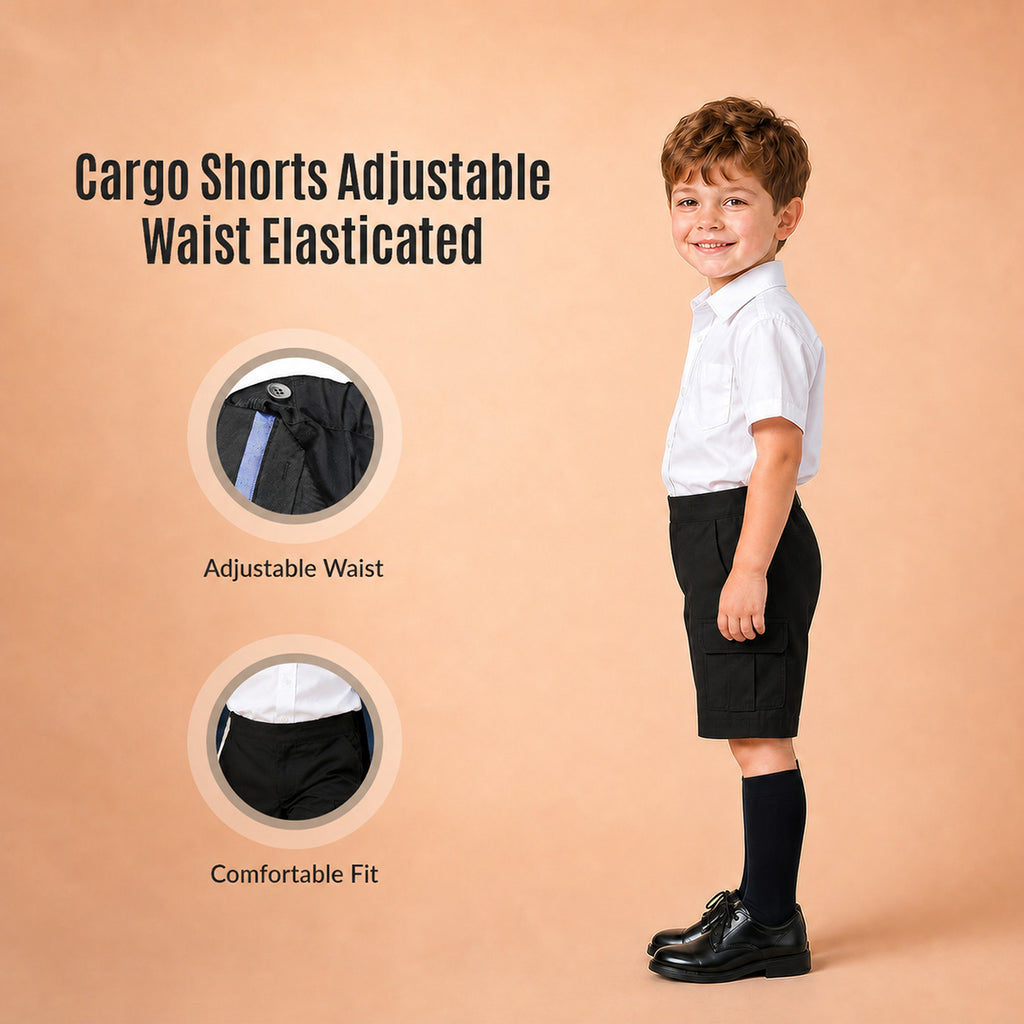 Black Adjustable Waist Pull Up Cargo School Shorts