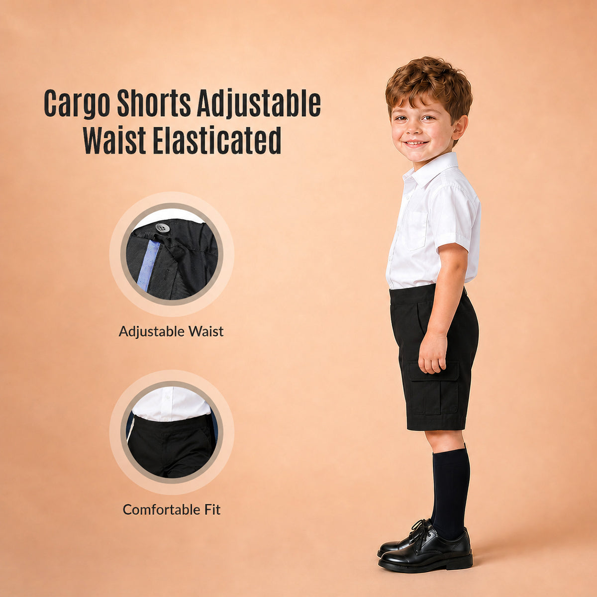 Black Adjustable Waist Pull Up Cargo School Shorts