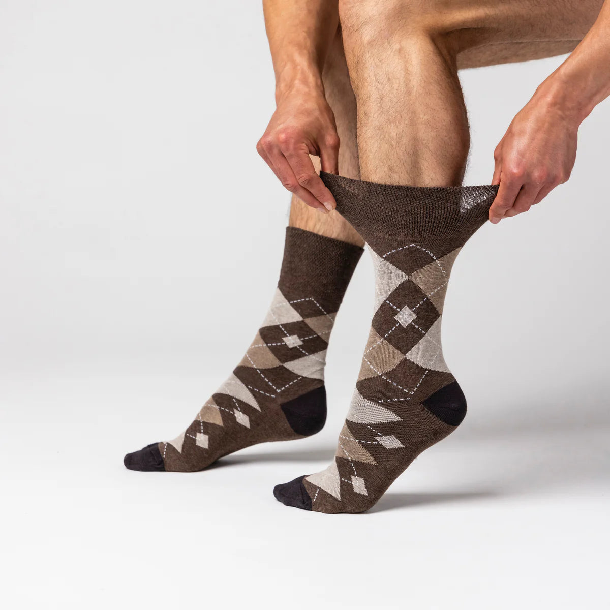 Men’s Brown Natural Argyle Gentle Grip Cotton Rich Socks