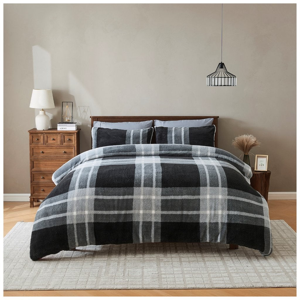 Liam Check Printed Teddy Duvet Cover Set | 6 Colours