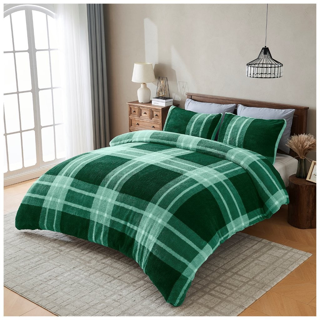 Liam Check Printed Teddy Duvet Cover Set | 6 Colours